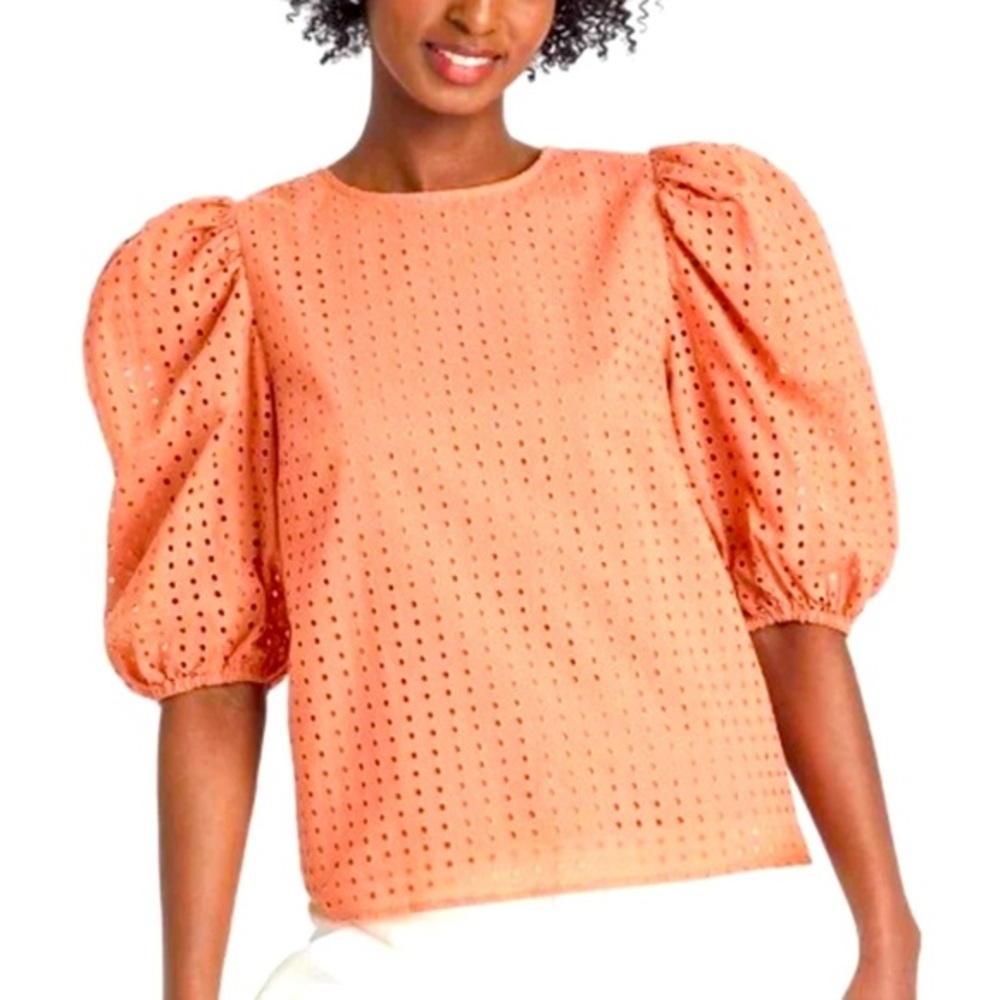 A New Day Coral Eyelet Puff Sleeve Blouse Boho Romantic Feminine Size Large